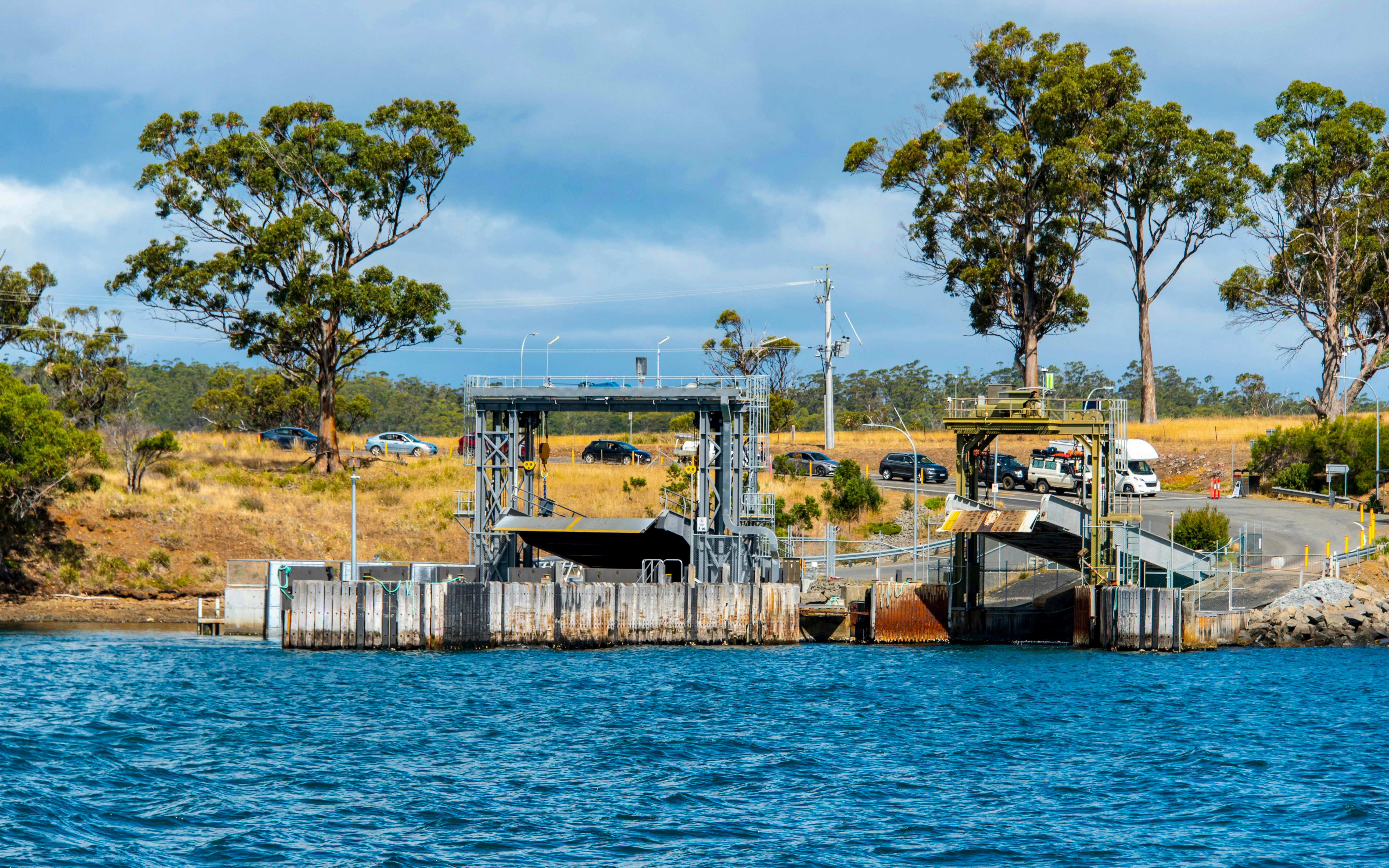Bruny Island Ferry Terminal with cars waiting, Tasmania, Australia.