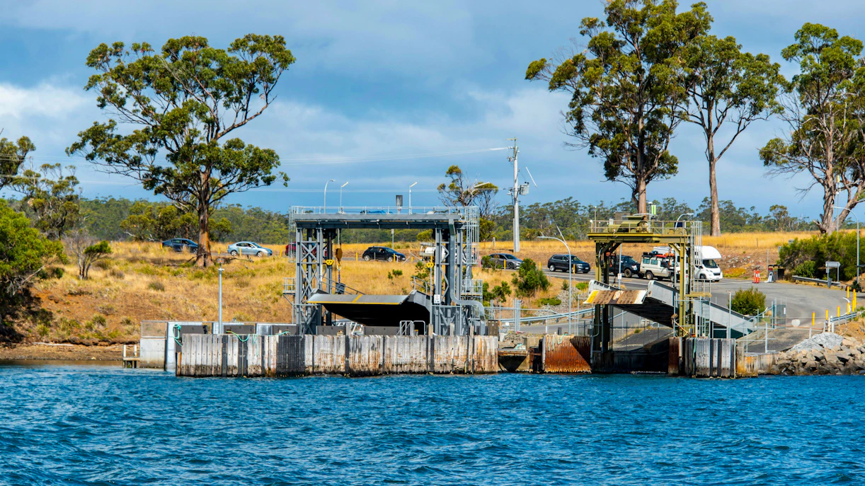 Bruny Island Ferry Terminal with cars waiting, Tasmania, Australia.