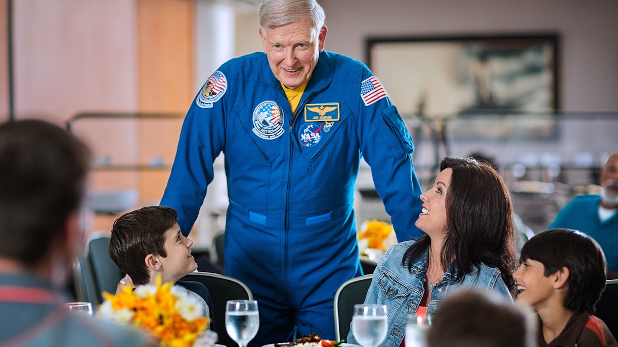 Astronaut speaking to visitors at Kennedy Space Centre.