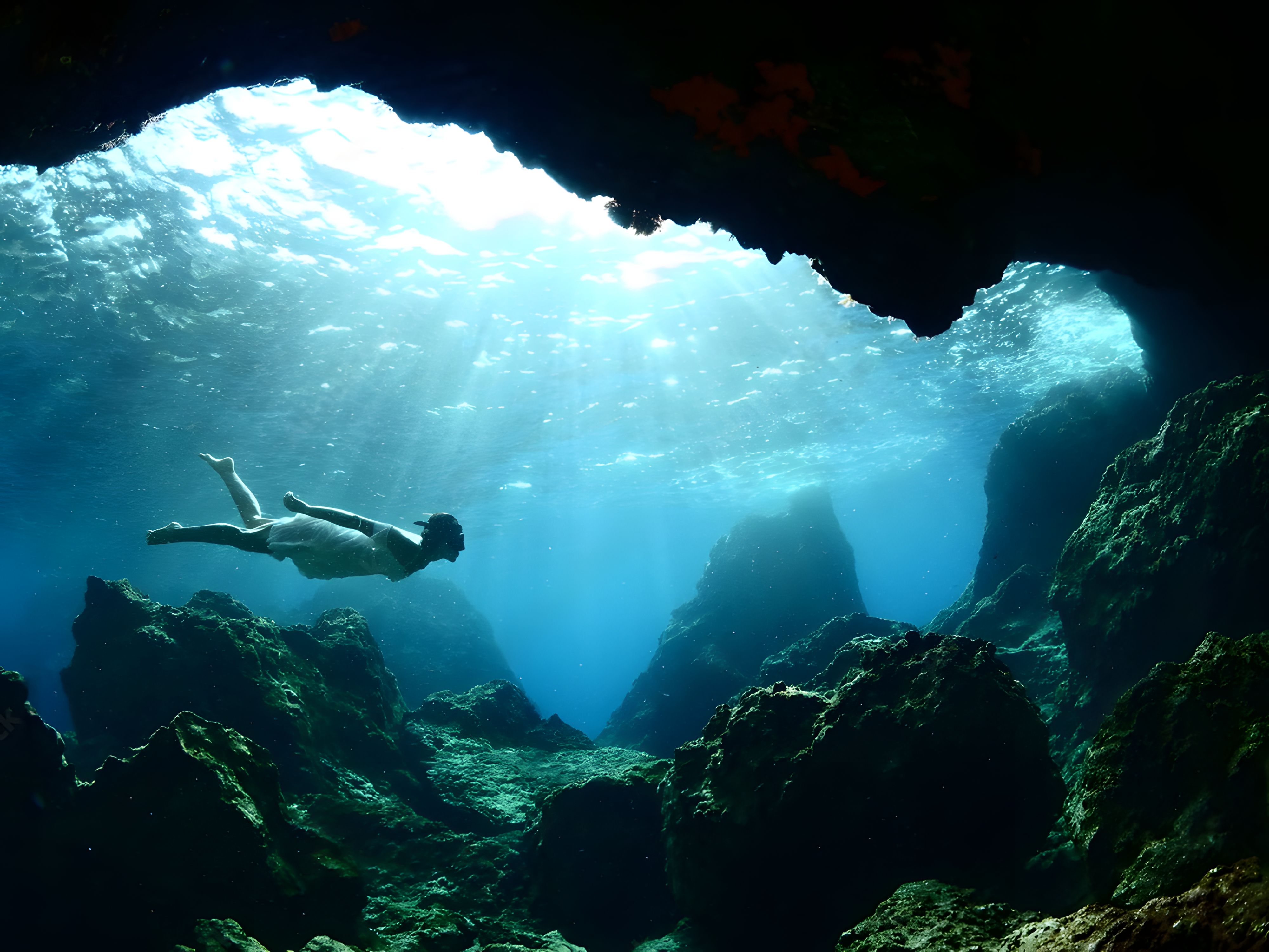 Swimming in the blue caves with sunlight filtering through water.