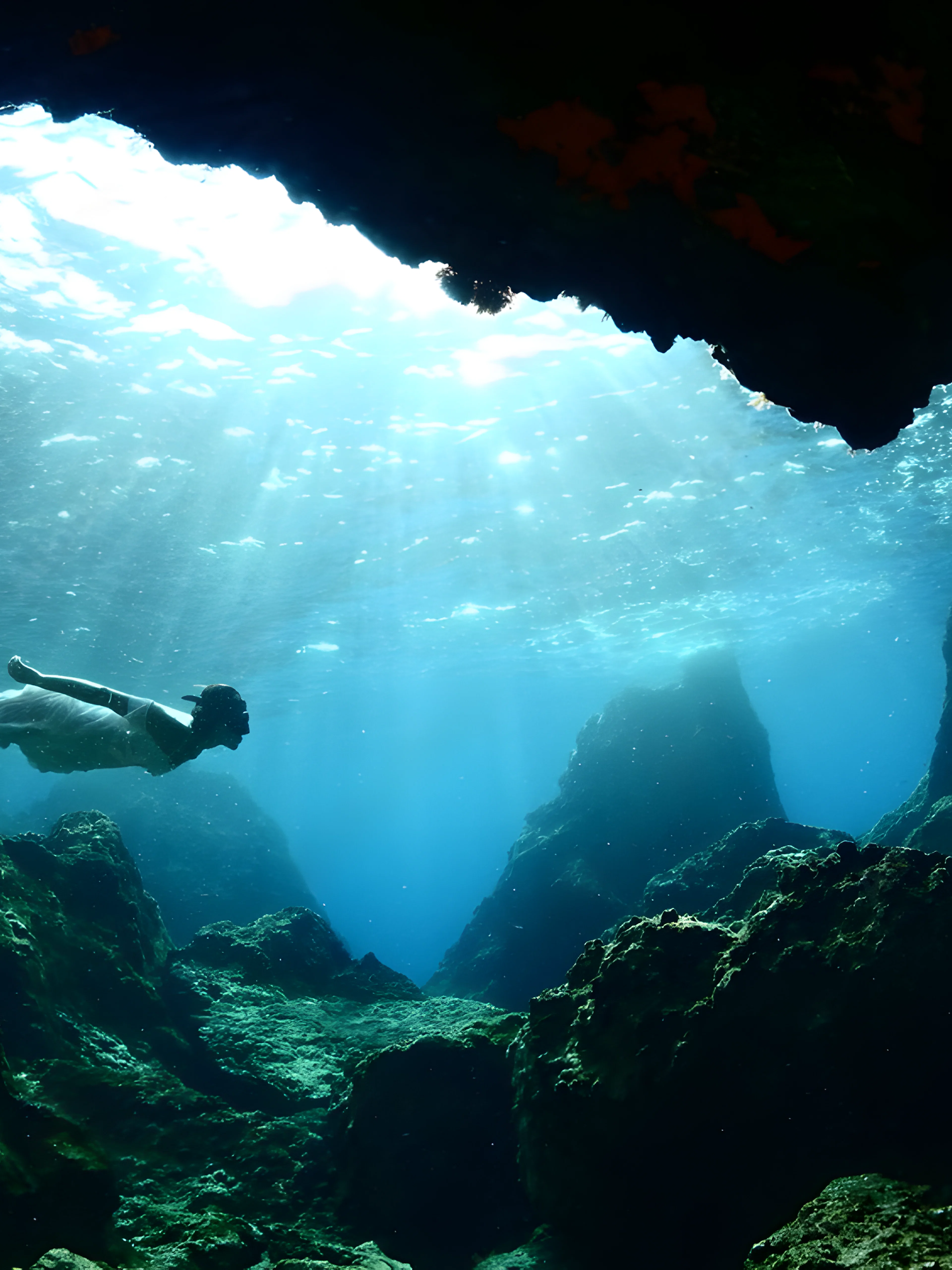Swimming in the blue caves with sunlight filtering through water.