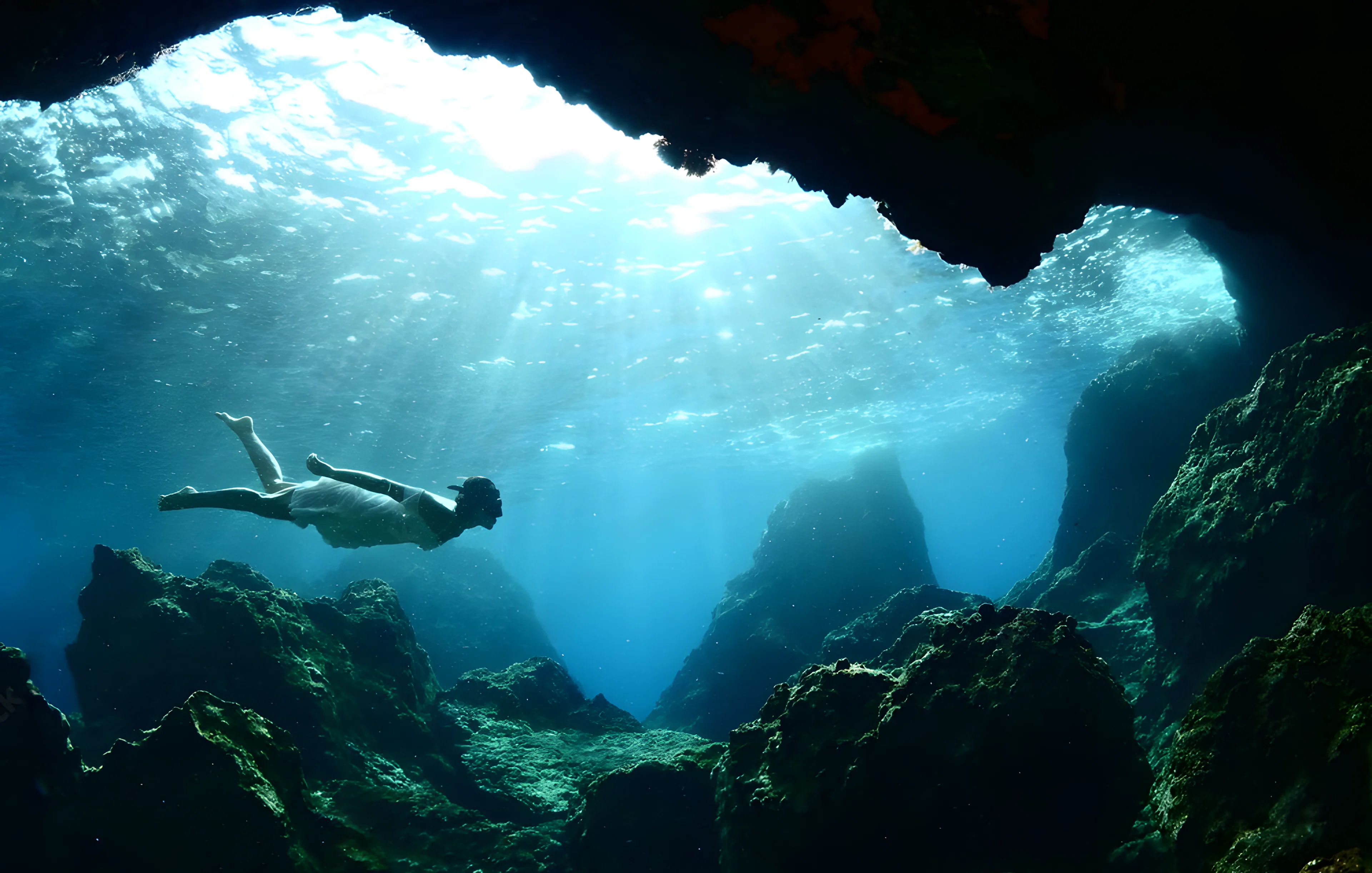 Swimming in the blue caves with sunlight filtering through water.