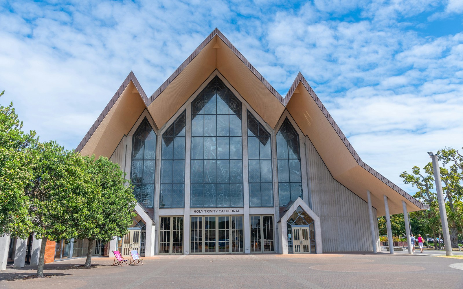 Holy Trinity Cathedral exterior in Auckland, New Zealand, showcasing its modern architectural design.