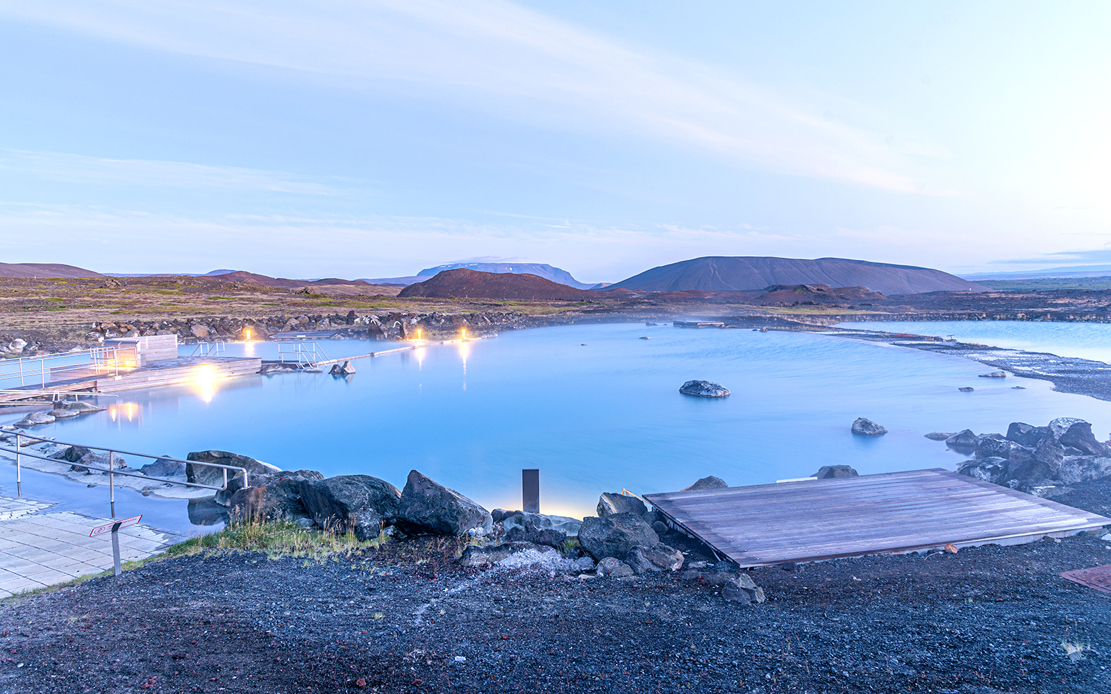Sunset view of Myvatn nature bath, Iceland