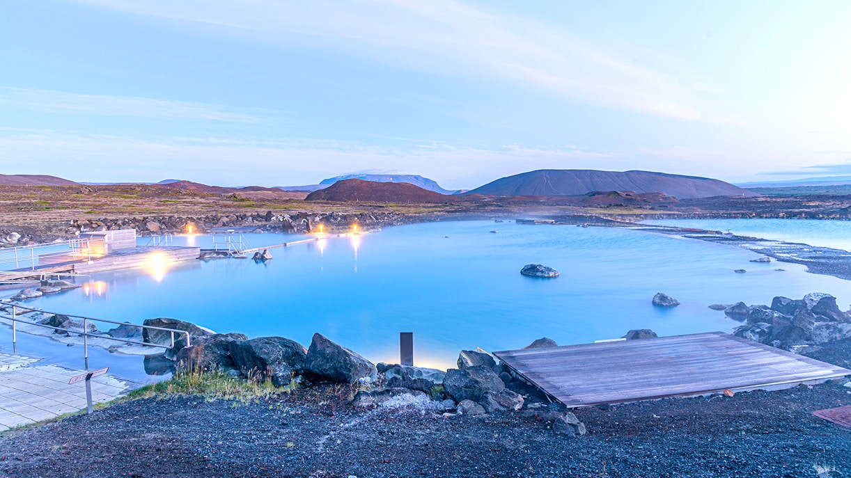 Sunset view of Myvatn nature bath, Iceland