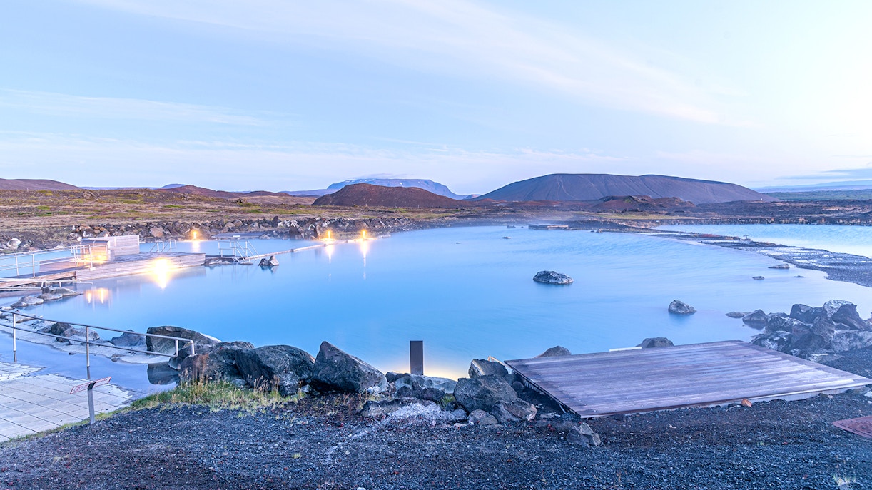 Sunset view of Myvatn nature bath, Iceland