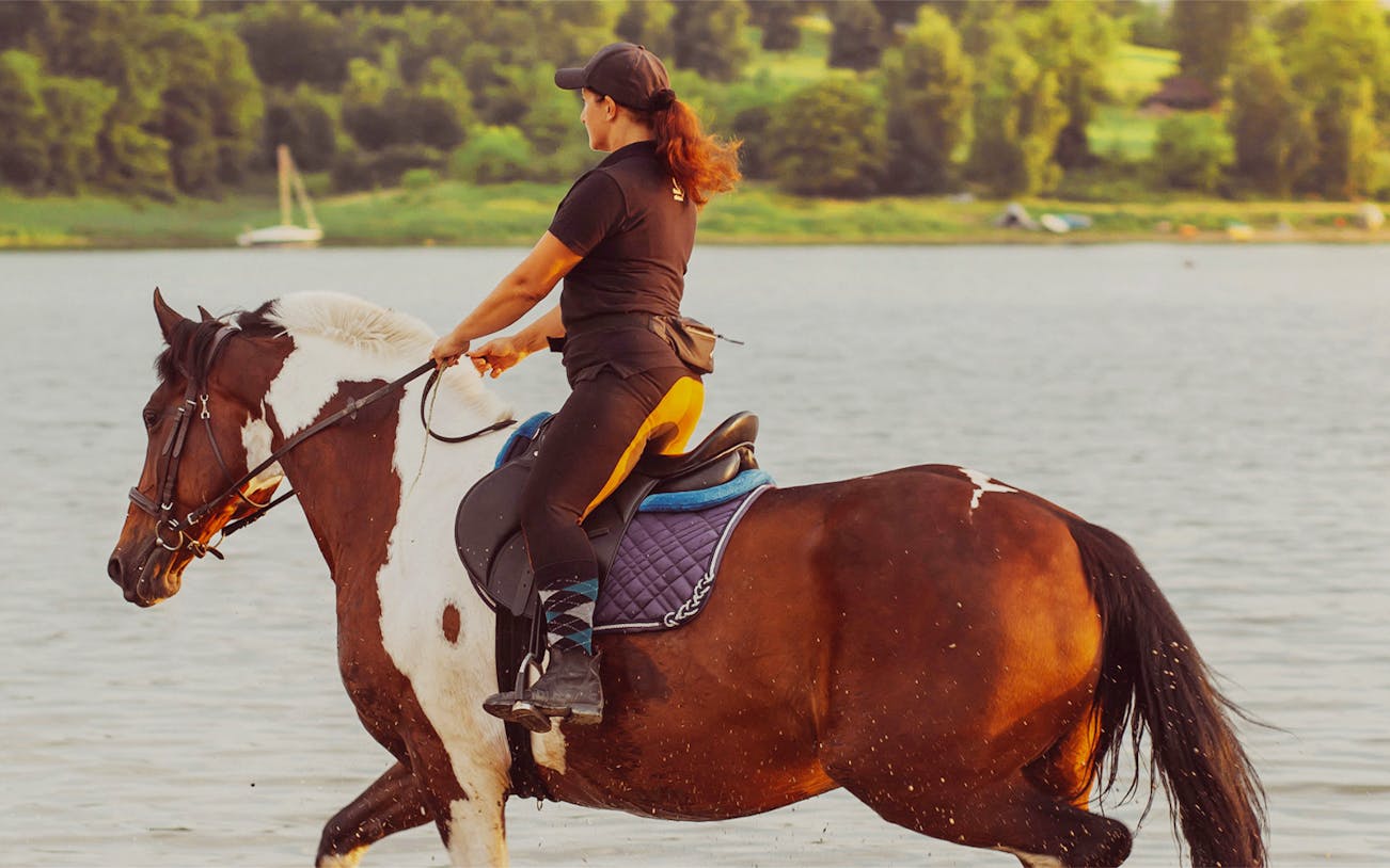 Person riding a horse by a lake near Krakow.
