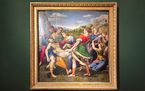 Deposition painting by Raphael at Borghese Gallery, Rome, depicting Christ's descent from the cross.