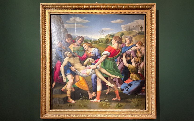 Deposition painting by Raphael at Borghese Gallery, Rome, depicting Christ's descent from the cross.
