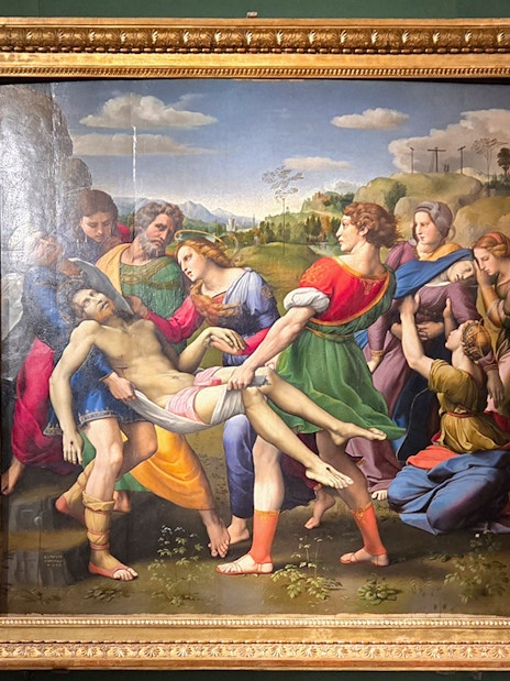 Deposition painting by Raphael at Borghese Gallery, Rome, depicting Christ's descent from the cross.
