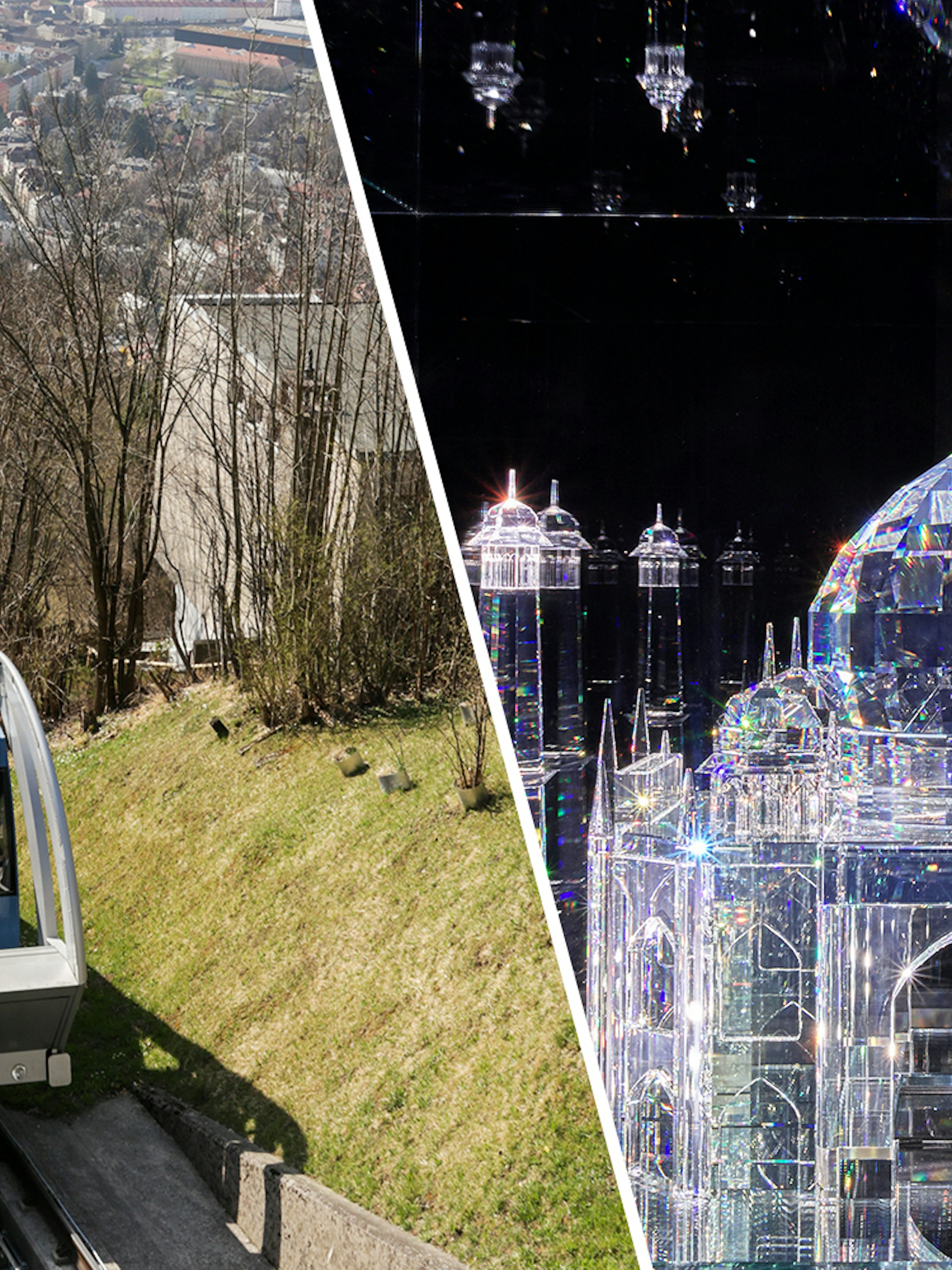 Nordkettenbahn funicular in Innsbruck and Swarovski Crystal Worlds display.