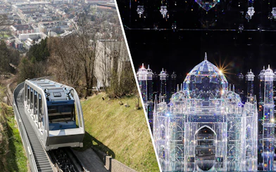 Nordkettenbahn funicular in Innsbruck and Swarovski Crystal Worlds display.