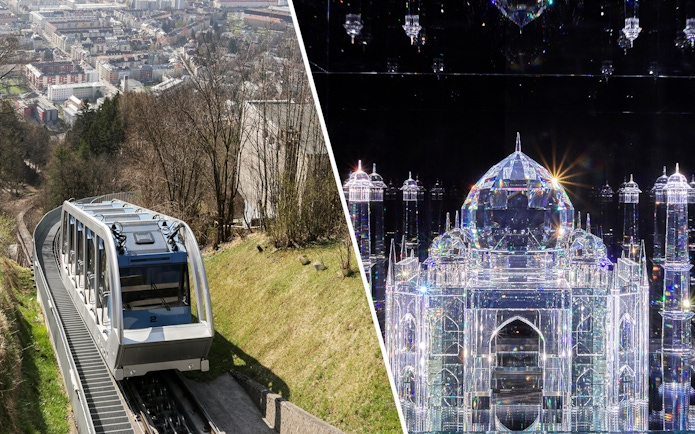 Nordkettenbahn funicular in Innsbruck and Swarovski Crystal Worlds display.