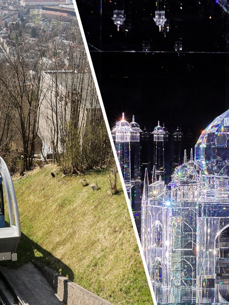 Nordkettenbahn funicular in Innsbruck and Swarovski Crystal Worlds display.