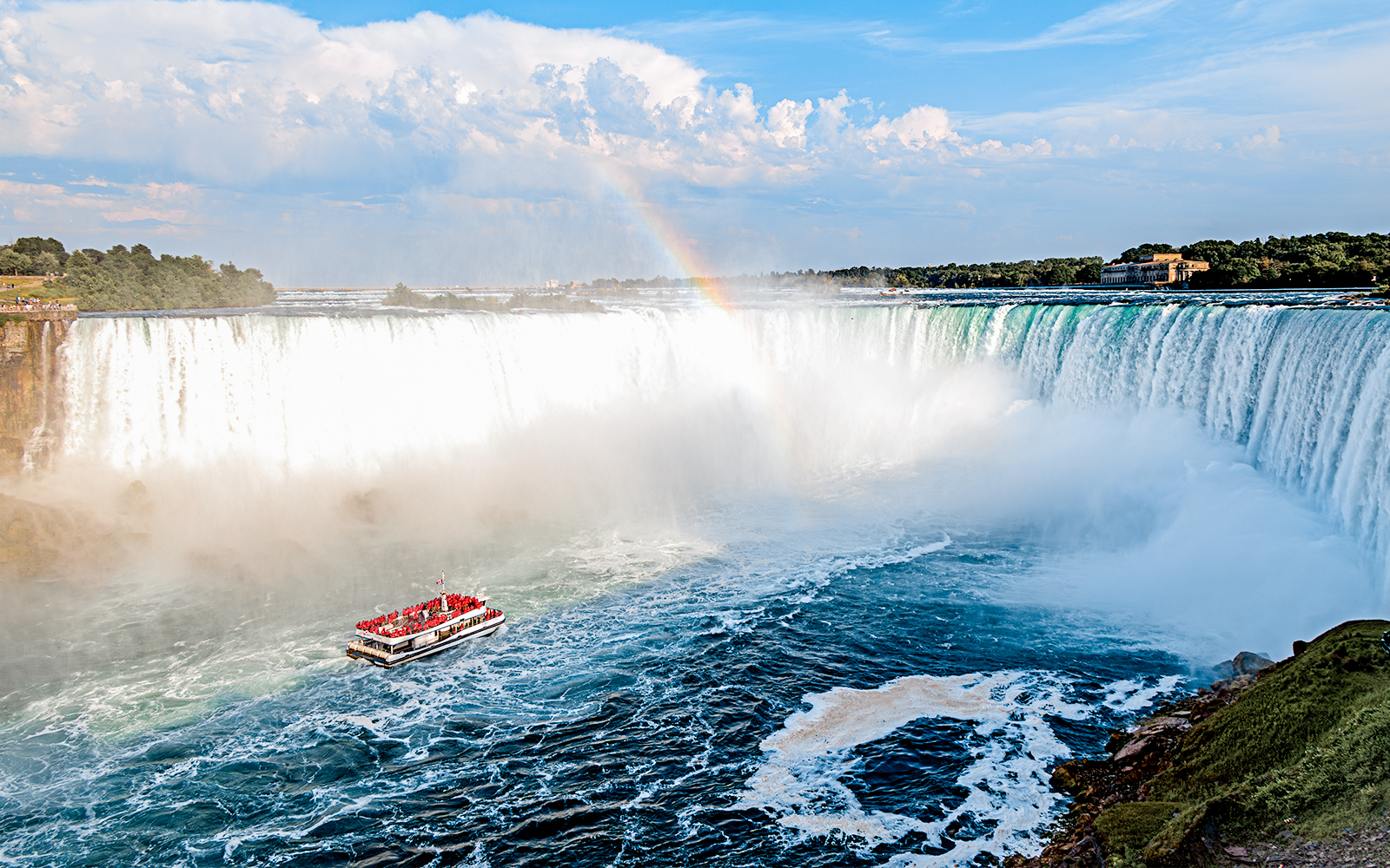 Niagara Falls with rainbow and mist in August.
