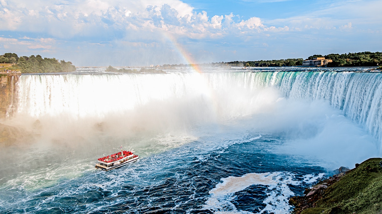 Niagara Falls with rainbow and mist in August.