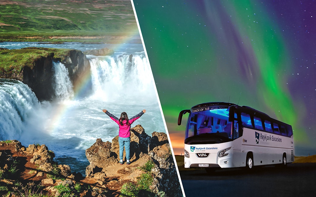 Waterfall and rainbow in Iceland, Northern Lights over tour bus.