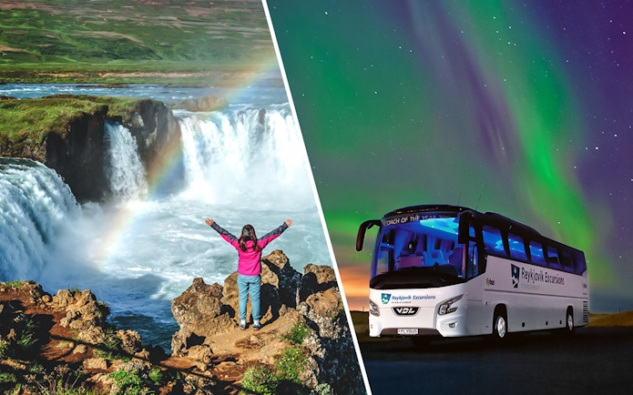 Waterfall and rainbow in Iceland, Northern Lights over tour bus.