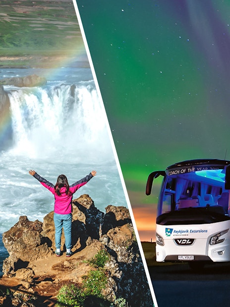 Waterfall and rainbow in Iceland, Northern Lights over tour bus.
