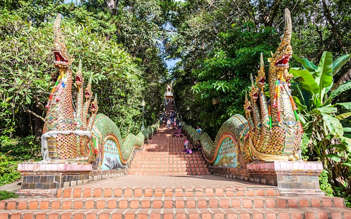 Staircase with dragon sculptures at Doi Suthep, Chiang Mai.
