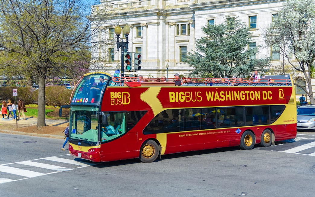 Open-top Big Bus tour in Washington DC passing a historic building.
