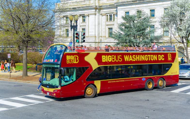 Open-top Big Bus tour in Washington DC passing a historic building.