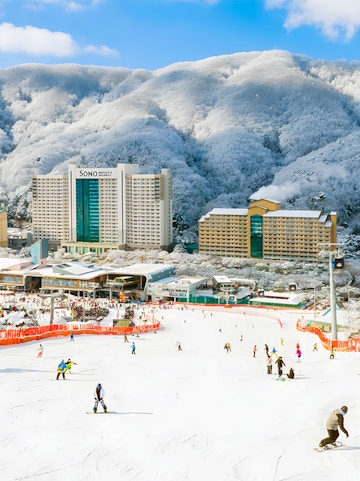 Vivaldi Park Ski Resort with igloos and skiers on snowy slopes in South Korea.