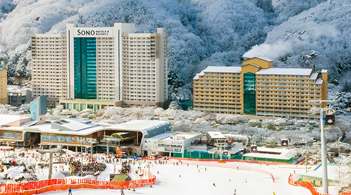 Vivaldi Park Ski Resort with igloos and skiers on snowy slopes in South Korea.