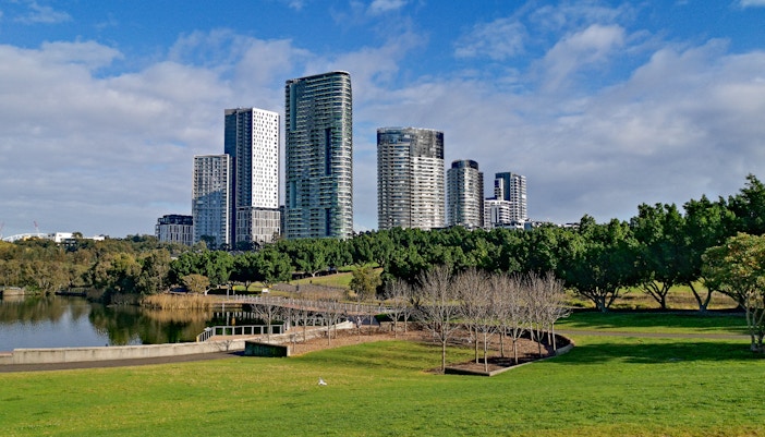 Sydney Olympic Park aerial view with sports venues and green spaces