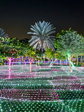 Dubai Garden Glow light displays and illuminated sculptures at night with palm trees.