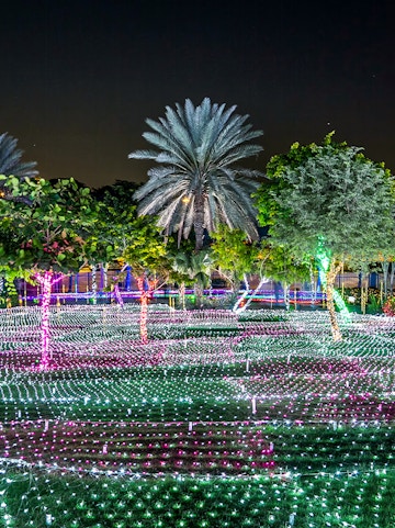 Dubai Garden Glow light displays and illuminated sculptures at night with palm trees.