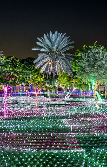 Dubai Garden Glow light displays and illuminated sculptures at night with palm trees.