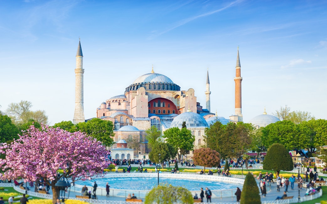 Hagia Sophia with minarets and gardens in Istanbul, Turkey.
