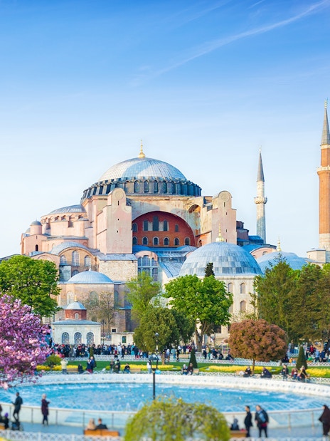 Hagia Sophia with minarets and gardens in Istanbul, Turkey.