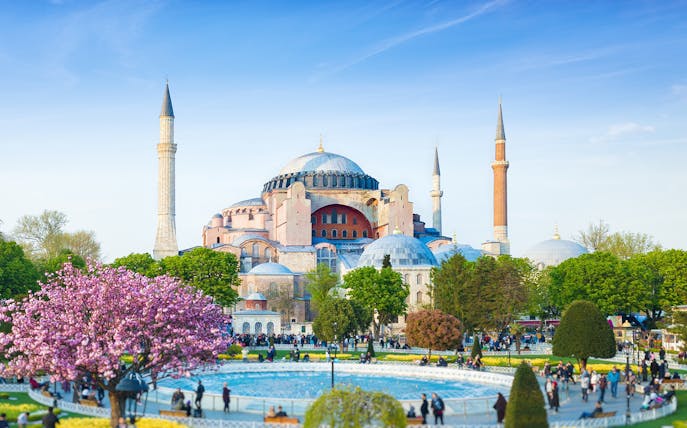 Hagia Sophia with minarets and gardens in Istanbul, Turkey.