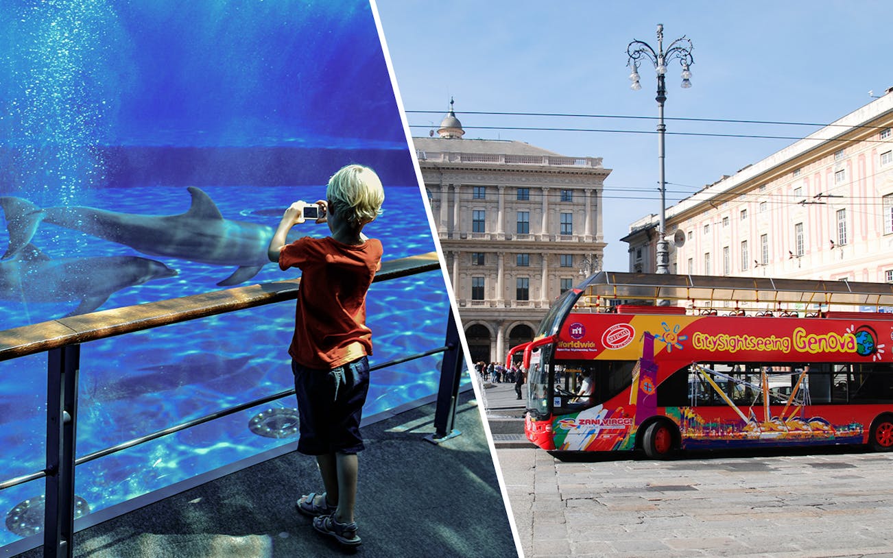 Genoa Aquarium dolphins and city sightseeing bus in Genoa, Italy.