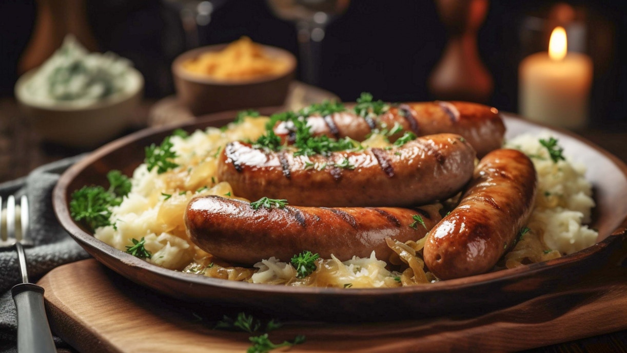 Ein Teller mit mit Petersilie garnierten Bratwürsten auf Sauerkraut und zwei Dips steht auf einem Tisch