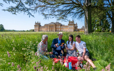 Family enjoying a picnic on Blenheim Palace grounds, Oxfordshire.