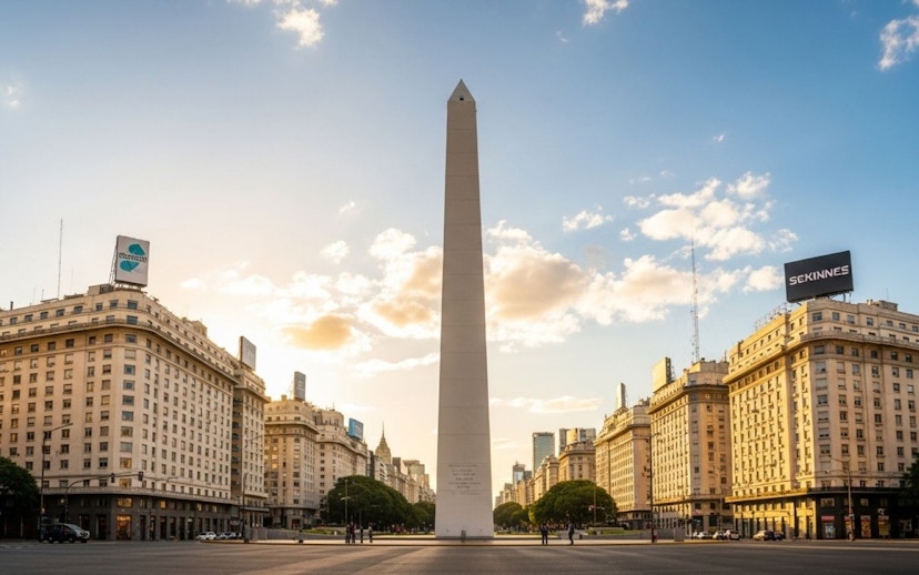 Obelisco de Buenos Aires with surrounding buildings at sunset.