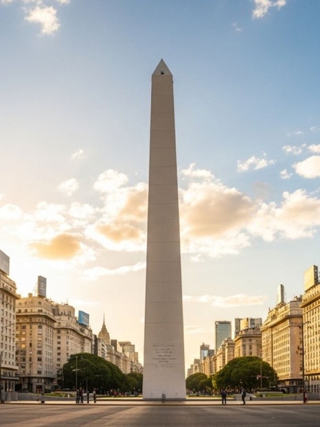 Obelisco de Buenos Aires with surrounding buildings at sunset.