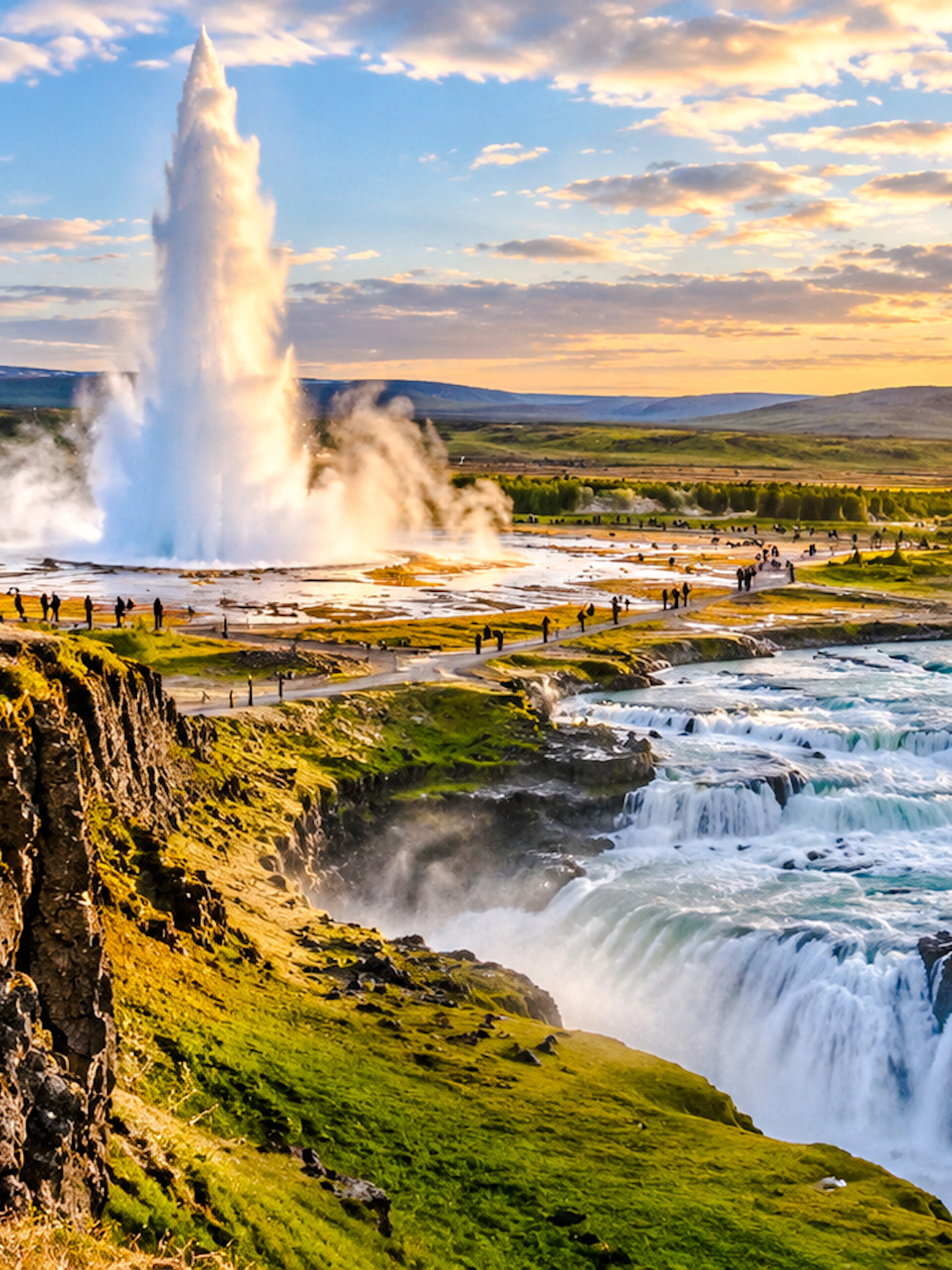 Geyser erupting near waterfalls in Iceland with tourists observing.