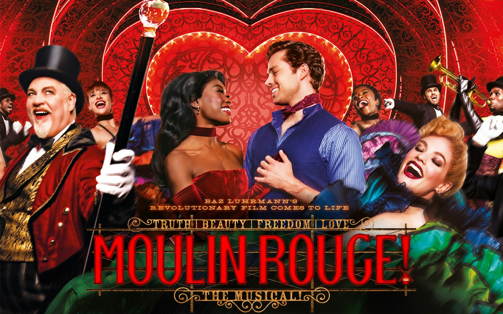 A vibrant scene from Moulin Rouge! The Musical with performers in colorful costumes.