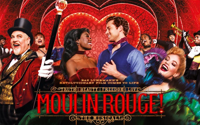 A vibrant scene from Moulin Rouge! The Musical with performers in colorful costumes.
