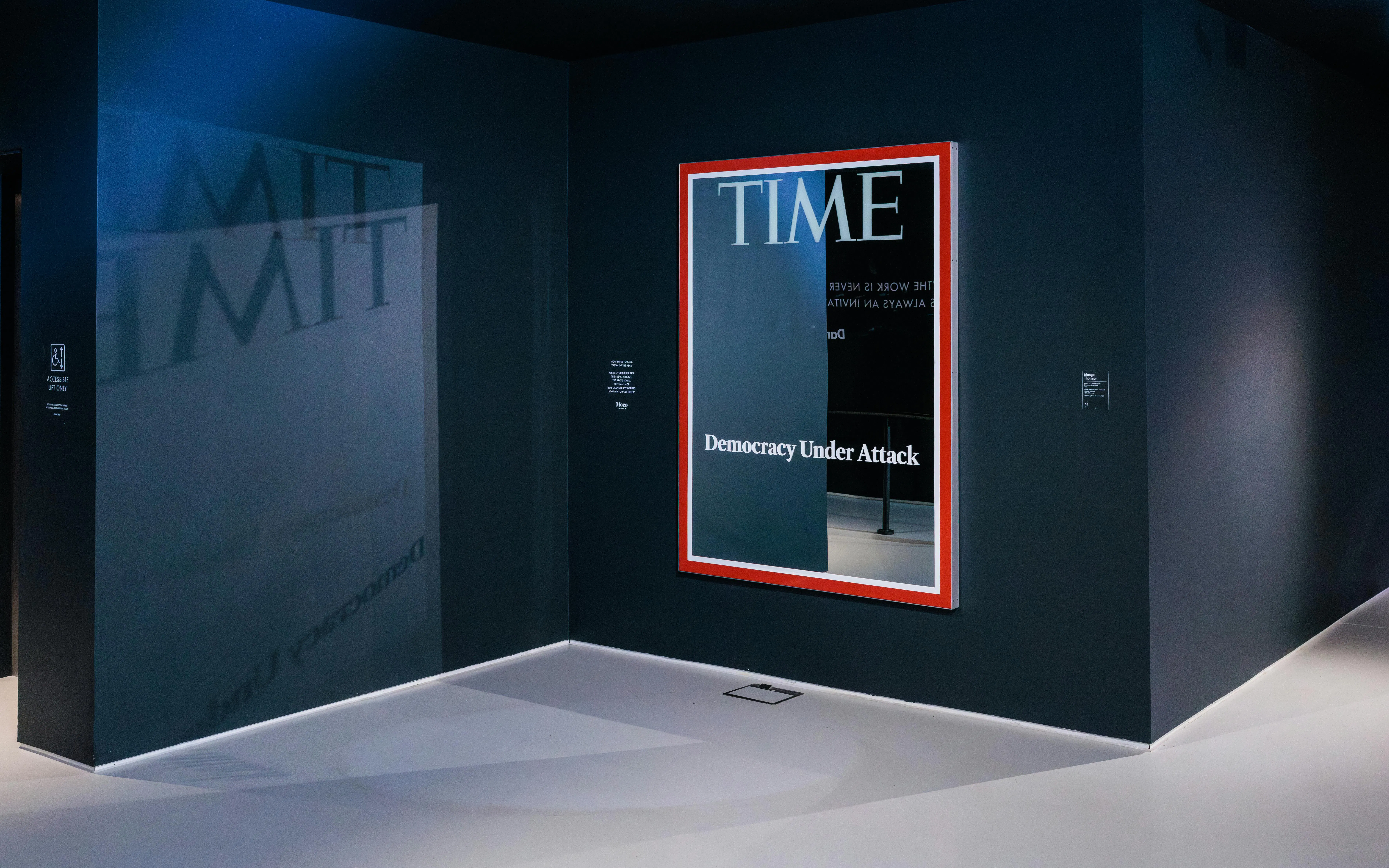 Exhibit featuring Time magazine cover at Moco Museum, London