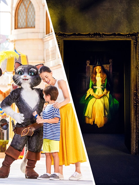 Family with cartoon characters at theme park and art gallery with framed paintings.