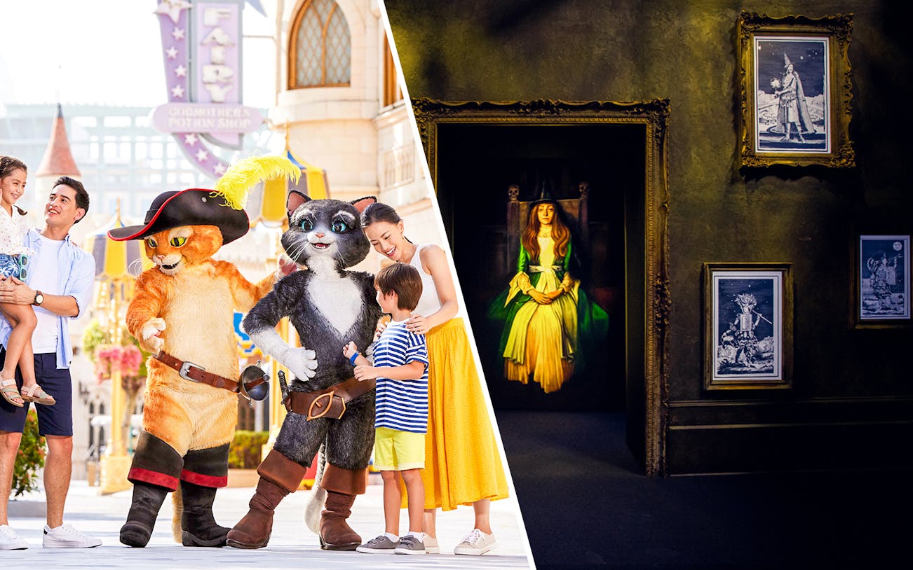 Family with cartoon characters at theme park and art gallery with framed paintings.