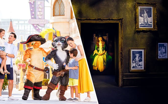 Family with cartoon characters at theme park and art gallery with framed paintings.