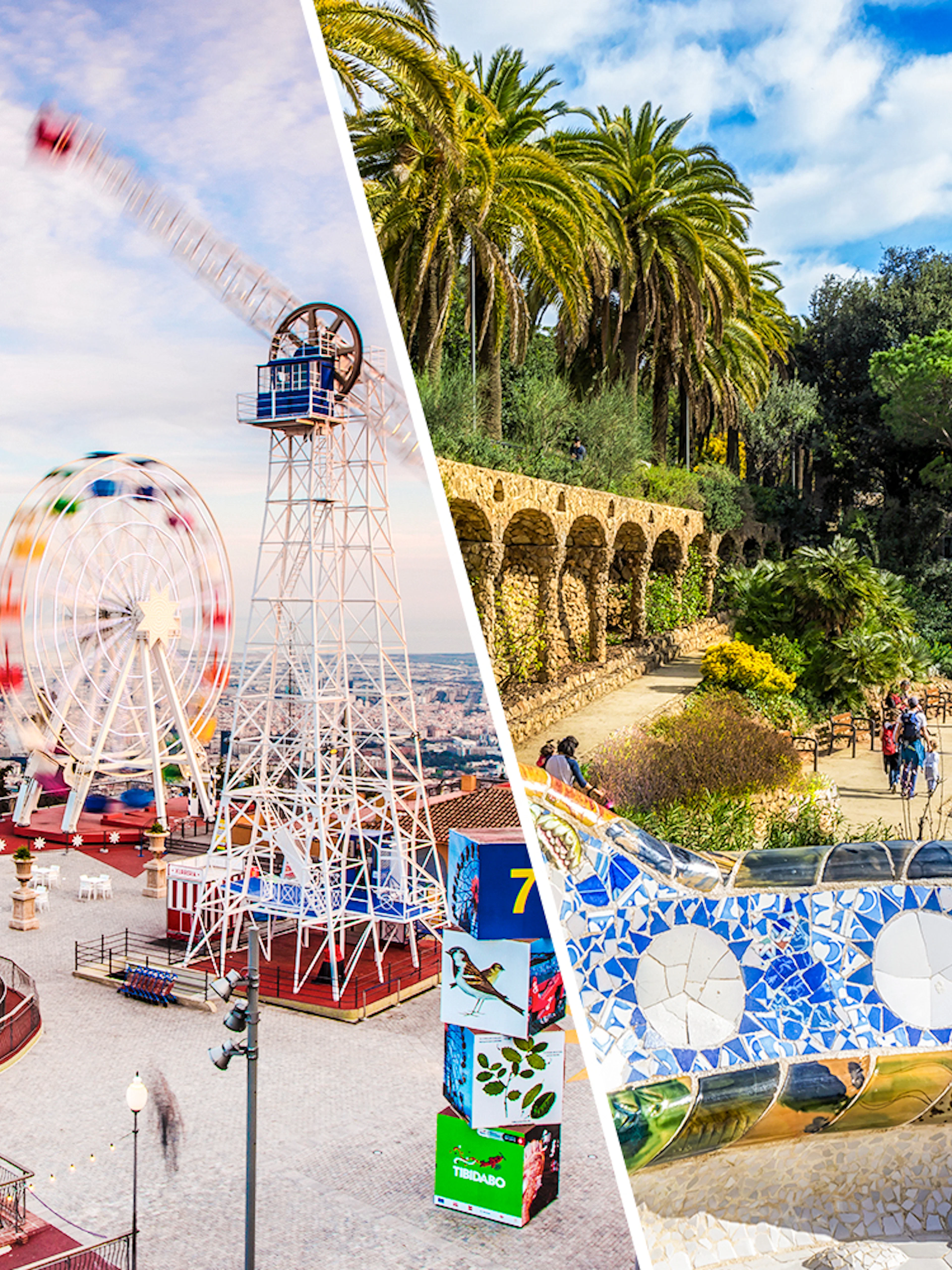 Wide shot of Tibidabo Amusement Park and Park Güell in Barcelona, Spain.