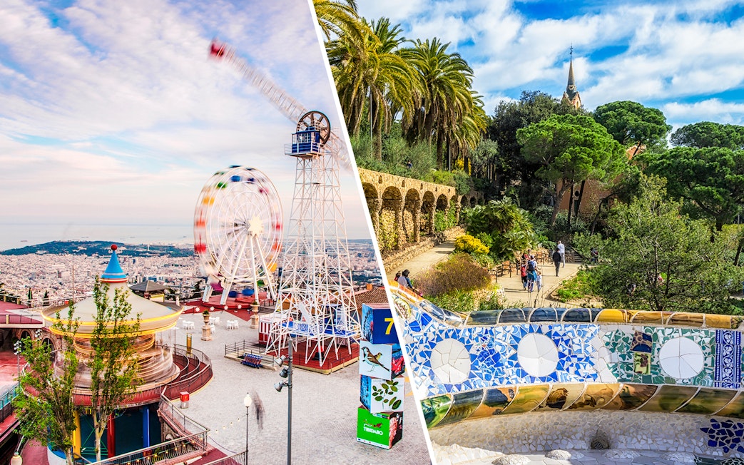 Wide shot of Tibidabo Amusement Park and Park Güell in Barcelona, Spain.