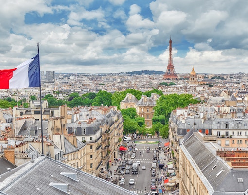 Panoramic view of Paris skyline from the Pantheon rooftop, featuring iconic landmarks.
